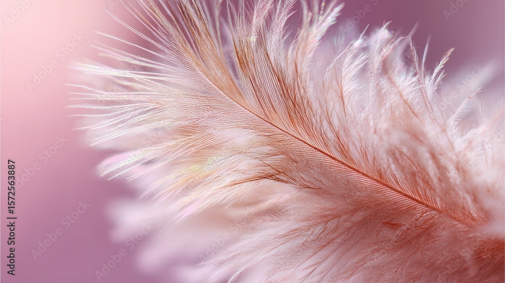 Obraz premium Delicate feather close up reveals intricate details against a soft pink and light backdrop, showcasing texture