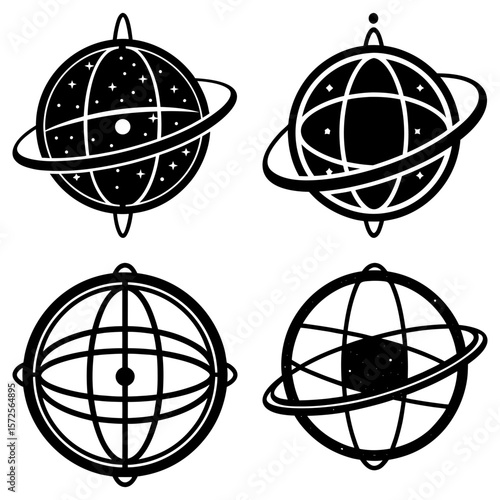 Four stylized armillary spheres with different internal designs in black and white illustration style