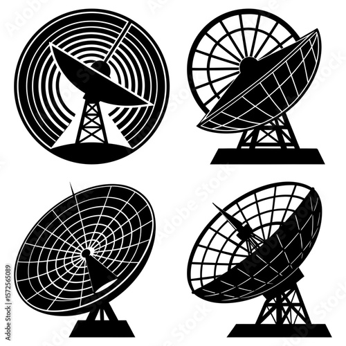 Illustration of four black and white satellite dishes with varying designs and antenna structures shown