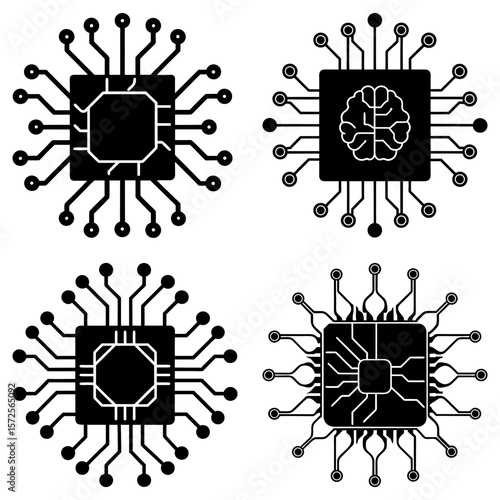 Four black and white illustrations of computer chips with different internal configurations