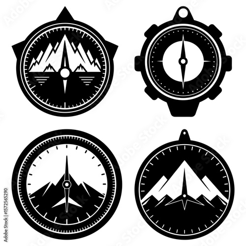Illustration of four compasses with mountain and needle designs in black and white vector format image