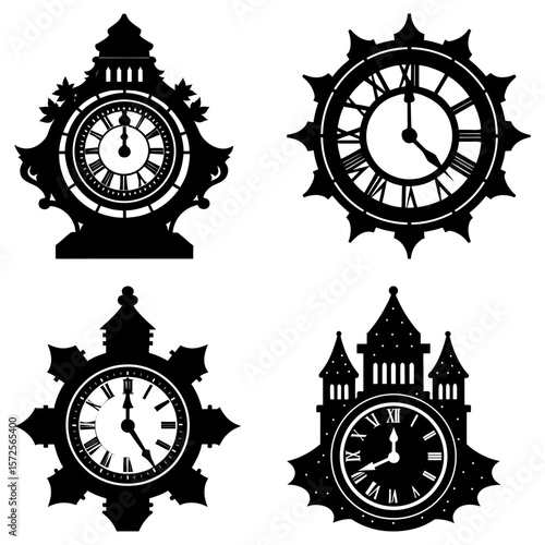 Four decorative black clocks with roman numerals and unique designs in a vector graphic style image