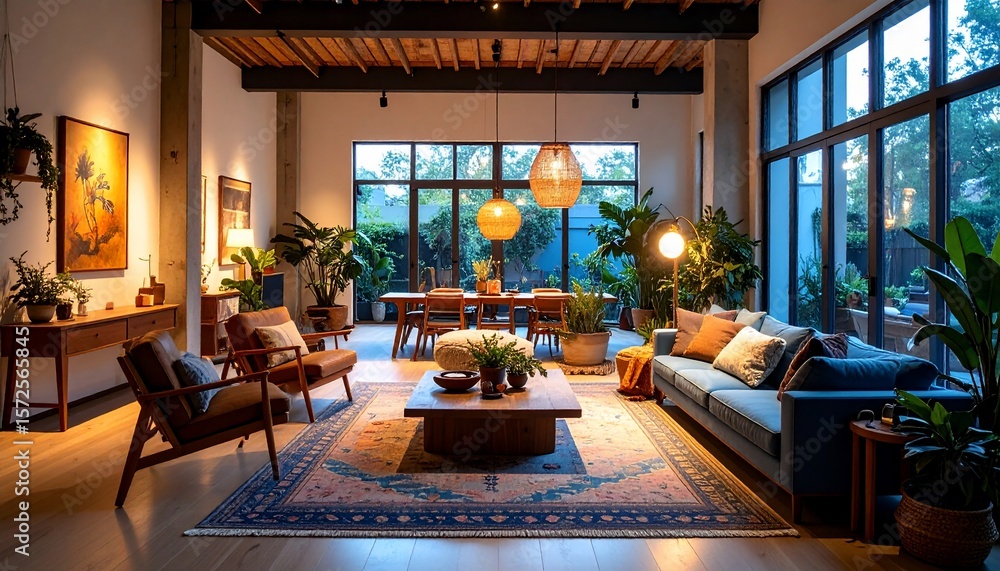 Obraz premium Serene Evening in a Modern Tropical Living Room