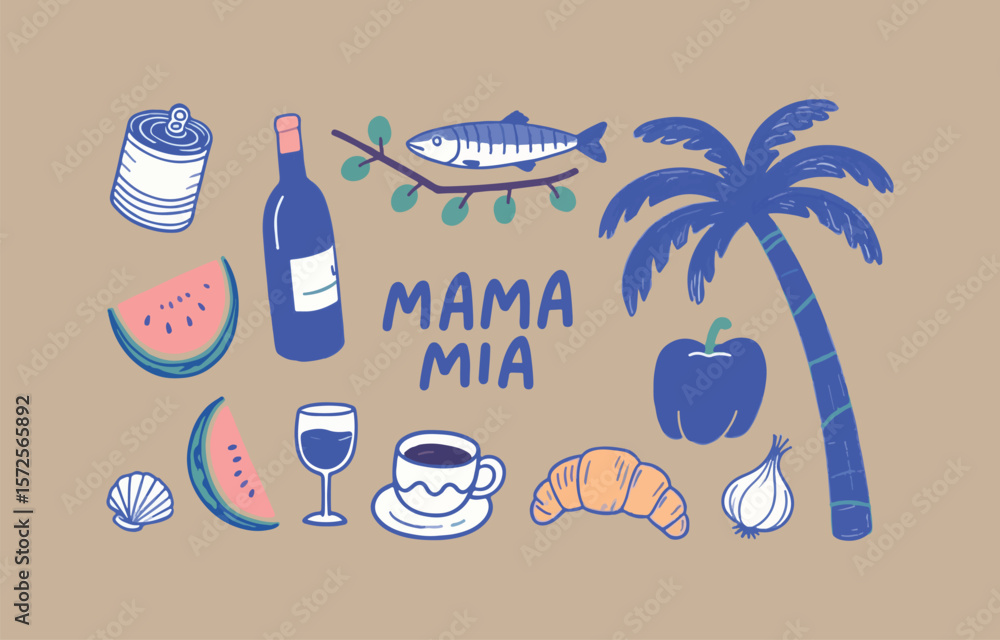 Naklejka premium Whimsical hand drawn collection of italian food and tropical elements with mama mia text