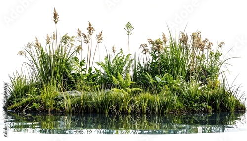 Lush Green Pond Island Plants, Water Reflection - Nature and tranqu.