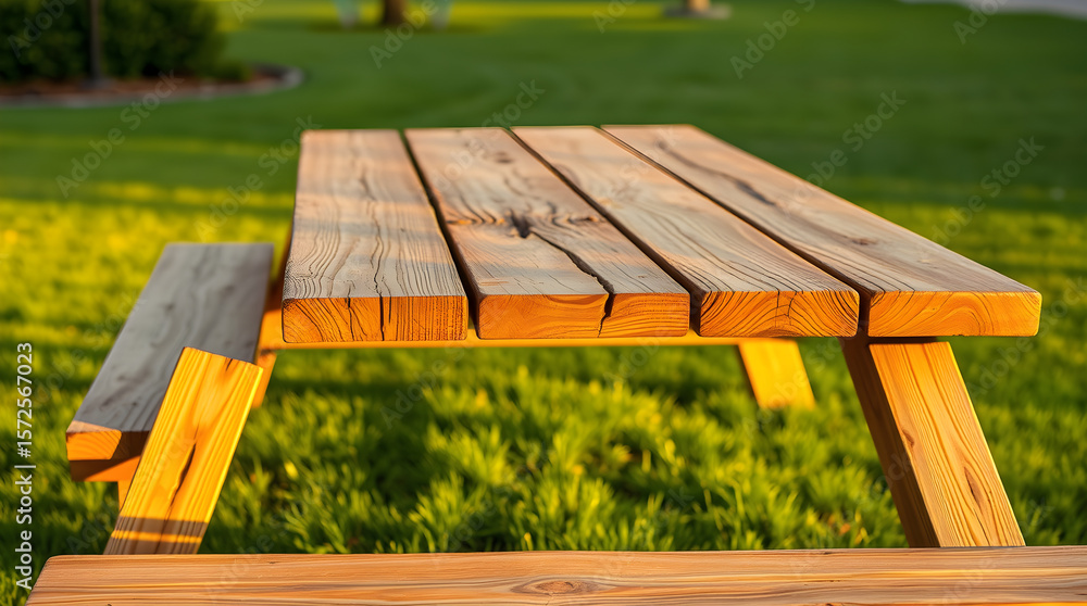 Fototapeta premium Sunlit wooden picnic table on lush green lawn