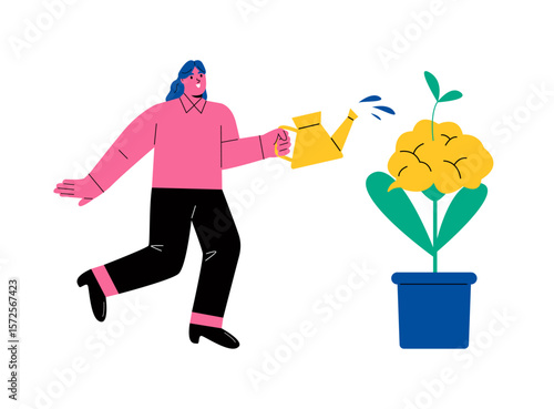 Develops own intelligence concept. Business woman watering plants growing on human brain. Flat vector illustration isolated on white background