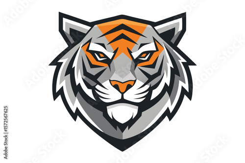 Striking grey tiger face stares intensely outward from angular design elements, image