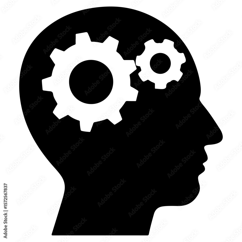 Silhouette of a human head with gears, symbolizing the intricate processes of the mind, intelligence, and the generation of ideas Silhouette of a human head with gears, symbolizing the intricate processes of the mind, intelligence, and the generation of ideas
