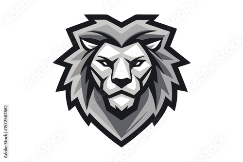 Stylized lion head showcases a formidable mane in shades of gray against a white background