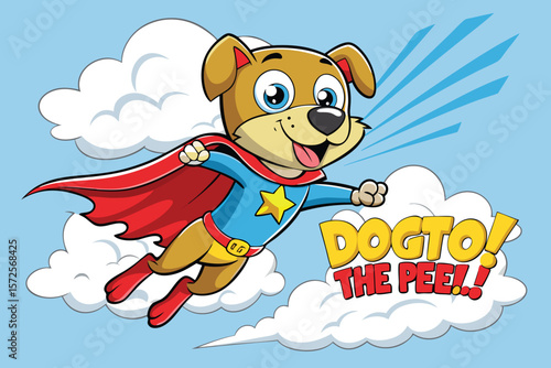 A cheerful cartoon dog dressed as a superhero flying with a red cape and a yellow star on its chest in a vibrant pop art style