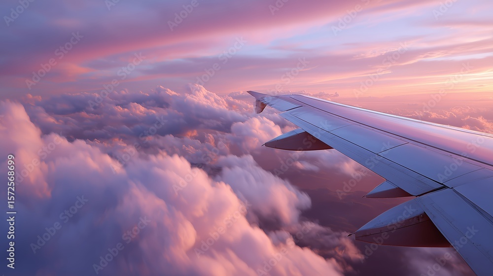 Obraz premium Stunning sunset view from an airplane wing above fluffy clouds during evening flight