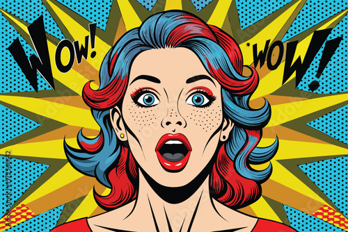 A vibrant and expressive female face in the classic pop art style with bold colors and speech bubbles announcing amazement and surprise.