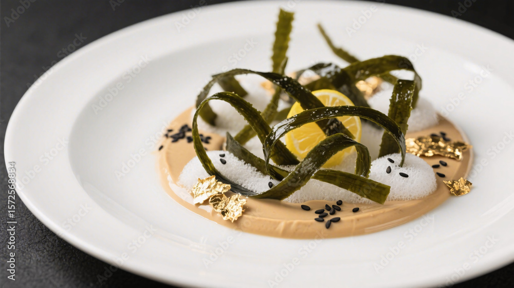 Fototapeta premium Modernist food art with clean white space and structured marine shapes, reflecting high-end eco-forward food direction