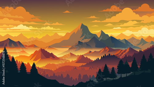 Smoky mountain silhouette at sunset, vector landscape with layered ridges, colorful sky, peaceful twilight, natural scenery, outdoor view, travel background, serene dusk environment