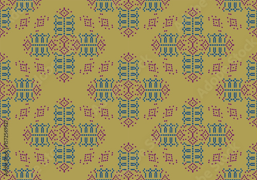 A vibrant textile pattern composed of blue and purple geometric shapes on a deep yellow base. The structured pixel design repeats evenly, evoking cultural and festive influences.