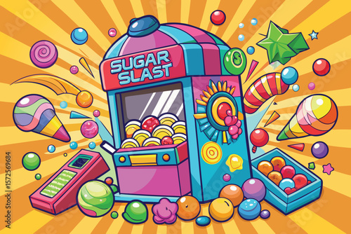 Vibrant illustration of a sugar blast candy machine and assorted colorful confectionery elements in a playful pop art style
