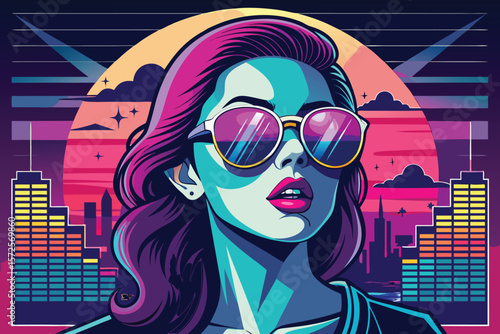 Vibrant pop art portrait of a stylish woman wearing sunglasses with a colorful sunset and cityscape background