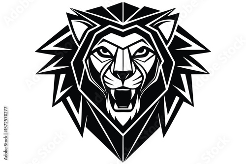 Geometric lion's head roars fiercely in bold black and white simplicity, isolated beautifully
