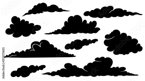 Vector set of real cloud silhouettes. Includes various natural cloud shapes in black on a transparent background. Ideal for weather, nature, and sky-themed graphic design.