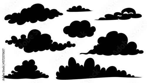 Vector set of real cloud silhouettes. Includes various natural cloud shapes in black on a transparent background. Ideal for weather, nature, and sky-themed graphic design.