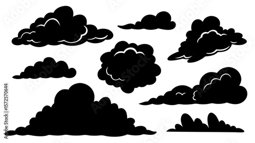 Vector set of real cloud silhouettes. Includes various natural cloud shapes in black on a transparent background. Ideal for weather, nature, and sky-themed graphic design.