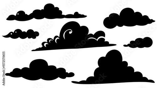Vector set of real cloud silhouettes. Includes various natural cloud shapes in black on a transparent background. Ideal for weather, nature, and sky-themed graphic design.