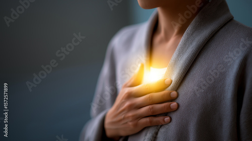 A person places their hand over their chest where a warm glowing light emanates, symbolizing love, energy, or inner strength.