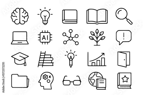 Education Learning Knowledge Line Icons Set - AI, Study, Books, Growth Vector Collection