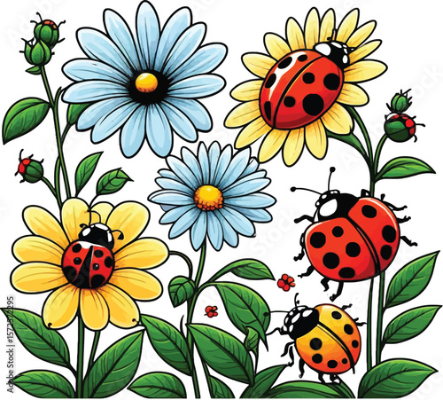Aesthetic Ladybugs on the Flowers Graphic Pattern
