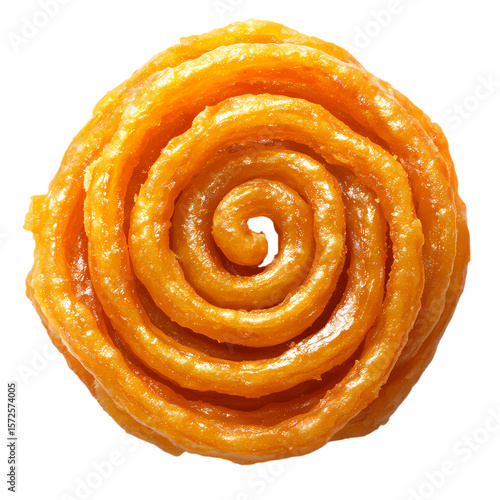 A single jalebi sweet with a spiral shape on a black background view