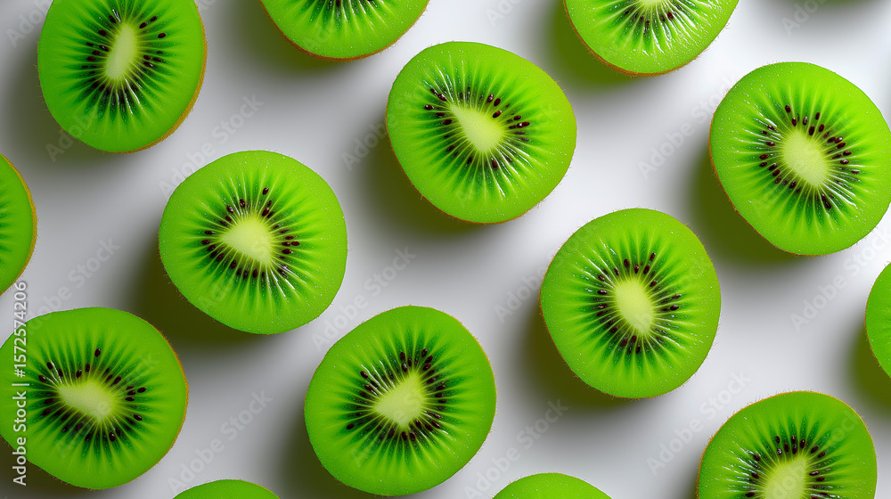 Fototapeta premium A vibrant, full-frame top-down shot of numerous freshly sliced kiwi halves, showcasing their green flesh and black seeds. 