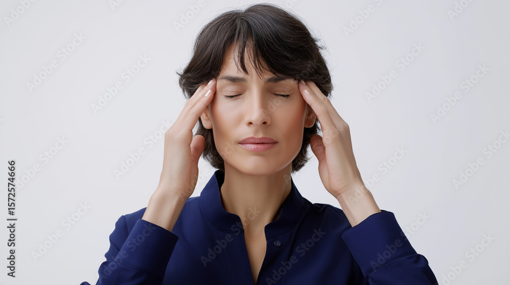 A woman with short dark hair, eyes closed, presses her temples with her fingers, indicating stress or a headache.
A woman with short dark hair, eyes closed, presses her temples with her fingers, indicating stress or a headache.