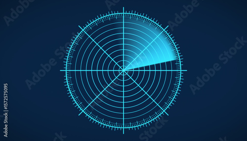 Illustration of a radar screen in blue with scanning beam on dark background - virtual dashboard interface.