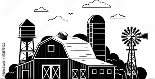 a black and white vector illustration of a farm, with a barn in the foreground, a silo, a water tower, and a windmill in the background