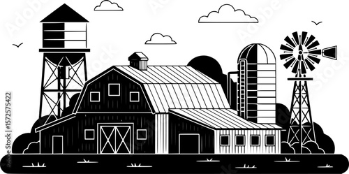 a black and white vector illustration of a farm, with a barn in the foreground, a silo, a water tower, and a windmill in the background