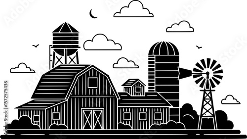 a black and white vector illustration of a farm, with a barn in the foreground, a silo, a water tower, and a windmill in the background