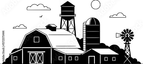 a black and white vector illustration of a farm, with a barn in the foreground, a silo, a water tower, and a windmill in the background