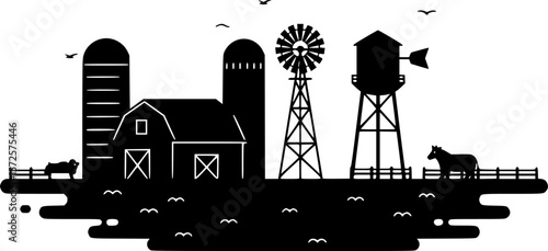 a black and white vector illustration of a farm, with a barn in the foreground, a silo, a water tower, and a windmill in the background