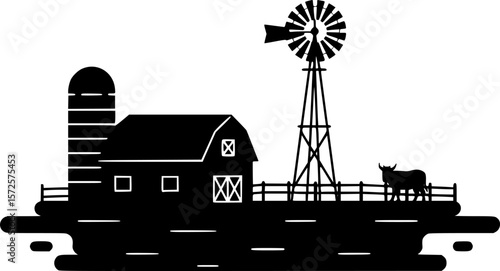 a black and white vector illustration of a farm, with a barn in the foreground, a silo, a water tower, and a windmill in the background