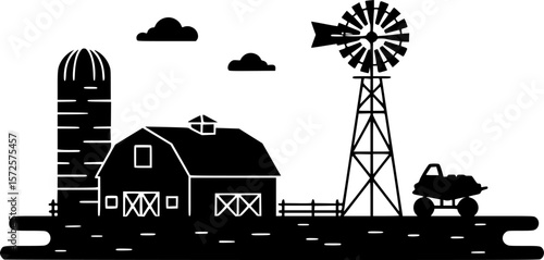 a black and white vector illustration of a farm, with a barn in the foreground, a silo, a water tower, and a windmill in the background