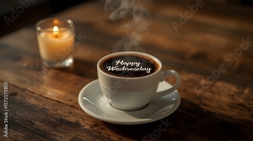 A steaming mug of aromatic coffee rests near a glowing candle, creating a tranquil atmosphere for a cozy Happy Wednesday morning ritual on rustic wood.