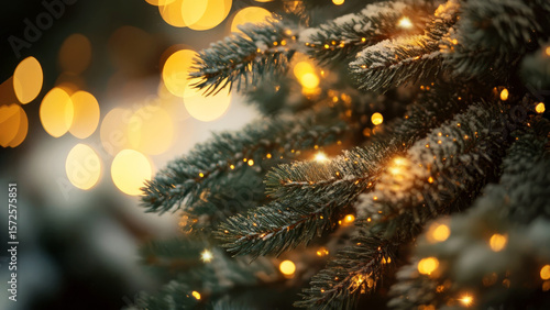 Wallpaper Mural Christmas magical background with Christmas tree branches, golden Christmas lights bokeh Torontodigital.ca