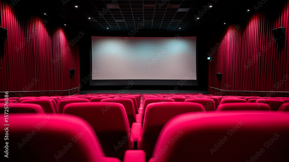 Fototapeta premium An empty cinema auditorium features rows of red seats, a large blank screen, and red velvet curtains. 