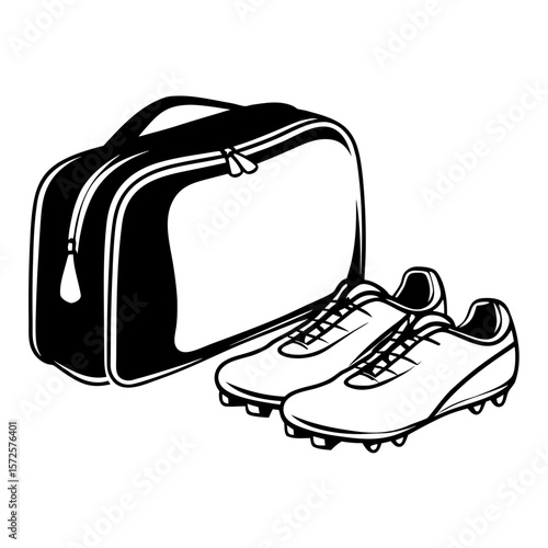 Soccer cleats next to sports bag in minimalist black and white design  