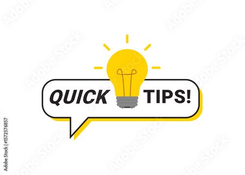 Quick tips message bubble with light bulb emblem stock illustration