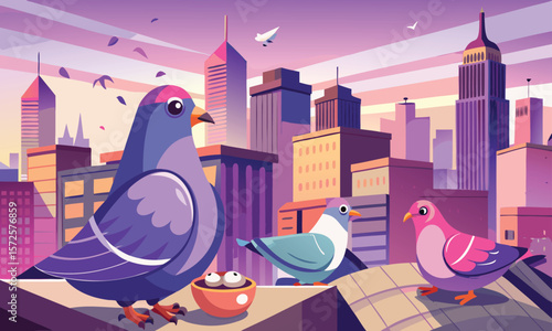 Three stylized pigeons in a city skyline at sunset isolated.
