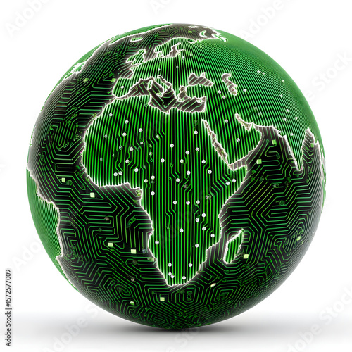 Green Globe: A vibrant globe with intricate circuitry patterns in a vivid green hue, depicting the interconnectedness of the digital world and the power of technology in a futuristic.