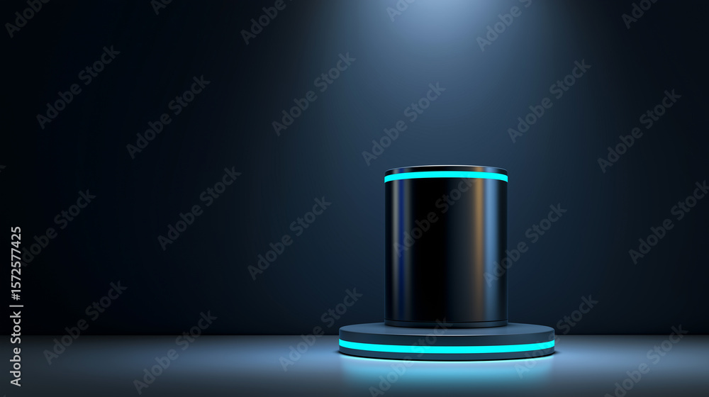 A sleek, cylindrical product display stand with glowing blue neon lights on a dark background.
A sleek, cylindrical product display stand with glowing blue neon lights on a dark background.