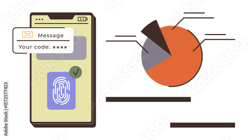 Smartphone screen with fingerprint authentication and code message beside a segmented pie chart. Ideal for security, mobile apps, data analytics, technology, statistics, innovation, simplicity